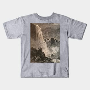 Skjeggedal, Norway waterfall illustration in black and white, 1800s, historical nature Kids T-Shirt